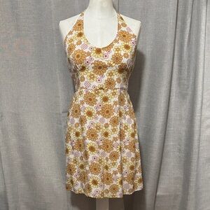 Retro Vibes Hollister Halter Style Sundress-Sz M-Tan/Yellow/Pink/White-Lined-EUC